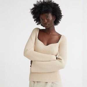 H&M Cream Ribbed Sweetheart Scoop-Neck Sweater